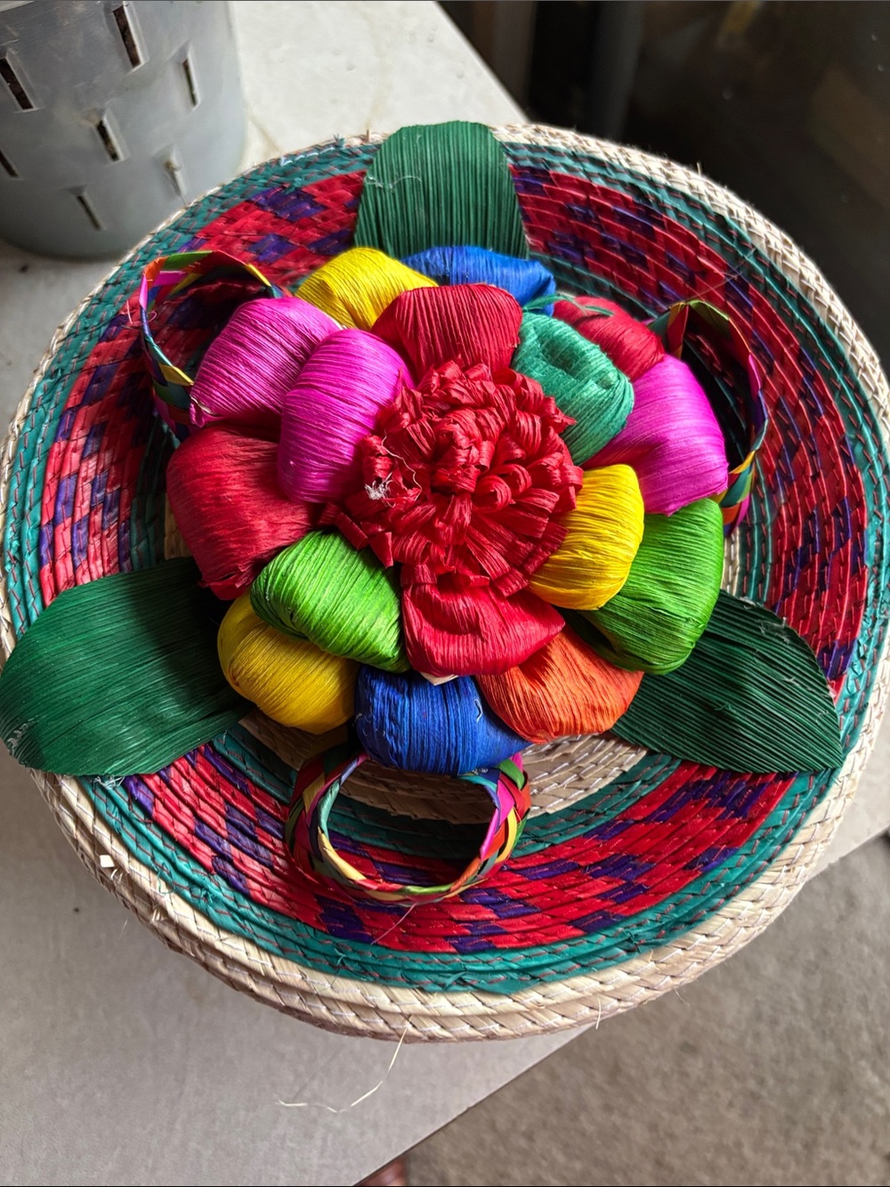 Handwoven Palm Tortillero Natural Straw Basket with Red Floral Accent